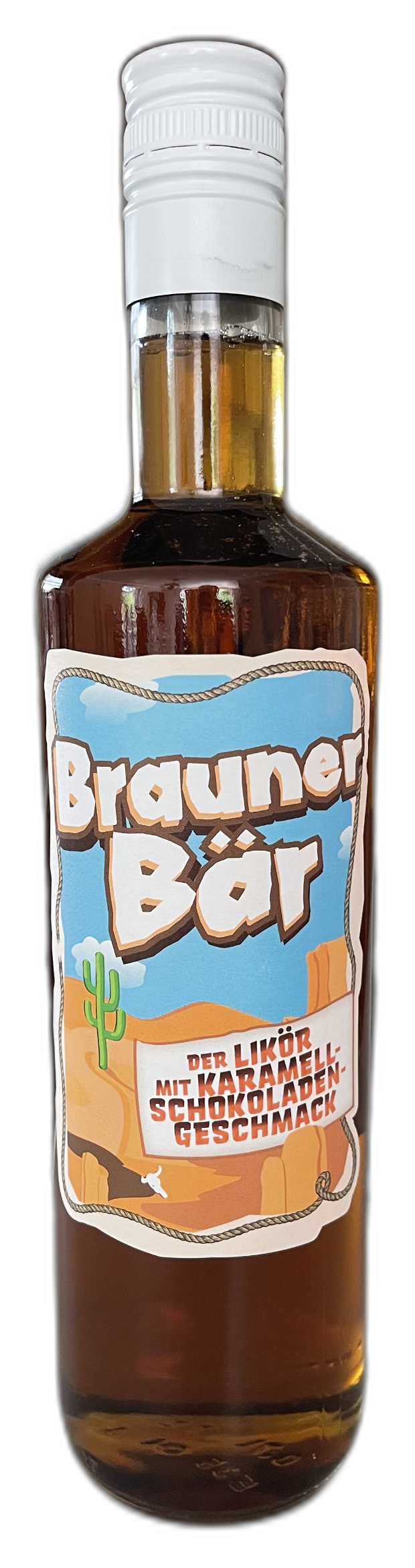 Flasche Brauner Bär Karamell-Schokoladen-Likör mit Western-Etikett, Kaktus und Wüstenlandschaft